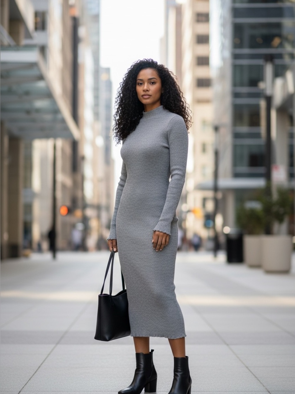 Lulu's Gray Ribbed Mock Neck Long Sleeve Knit Midi Dress